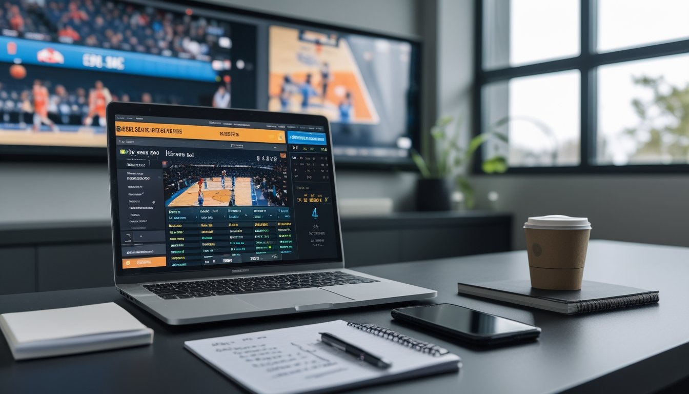 Sebuah ruang kerja modern dengan laptop menampilkan pertandingan NBA secara langsung dan catatan strategi taruhan di atas meja.