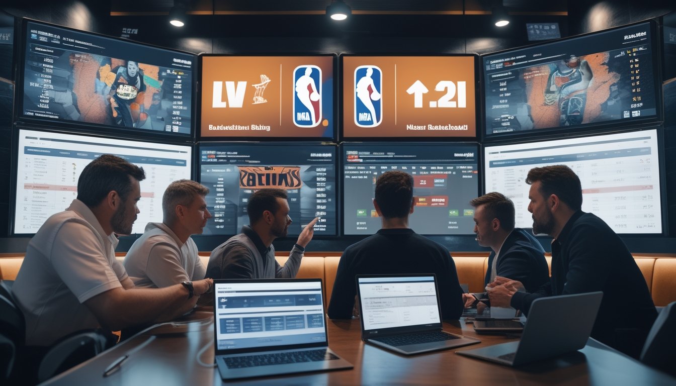 Sekelompok orang menonton pertandingan bola basket NBA secara langsung di layar besar sambil menggunakan perangkat untuk taruhan taruhan bola basket.
