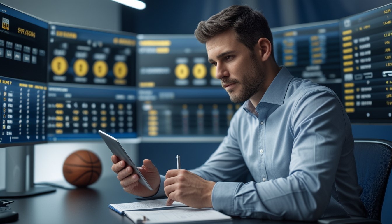 Seorang analis olahraga sedang bekerja di depan beberapa monitor yang menampilkan statistik dan skor pertandingan basket NBA.