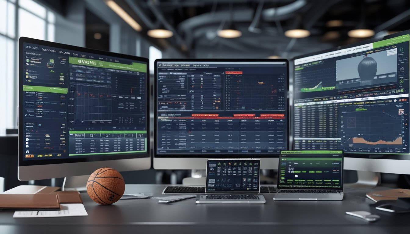 Seorang analis olahraga di ruang kantor modern dengan beberapa monitor menampilkan statistik bola basket dan rekaman pertandingan NBA.
