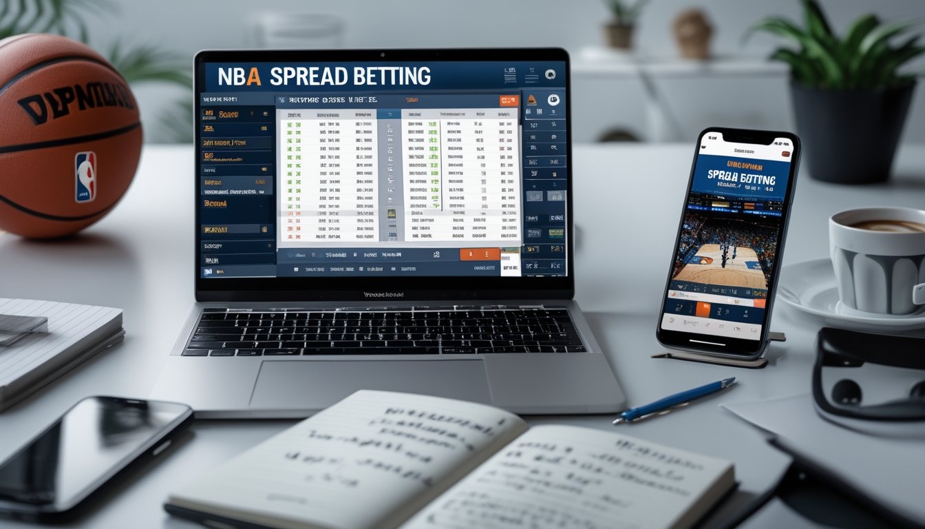 Meja kerja dengan laptop yang menampilkan data taruhan NBA, notebook dengan catatan, smartphone menayangkan pertandingan bola basket, dan bola basket di atas meja.