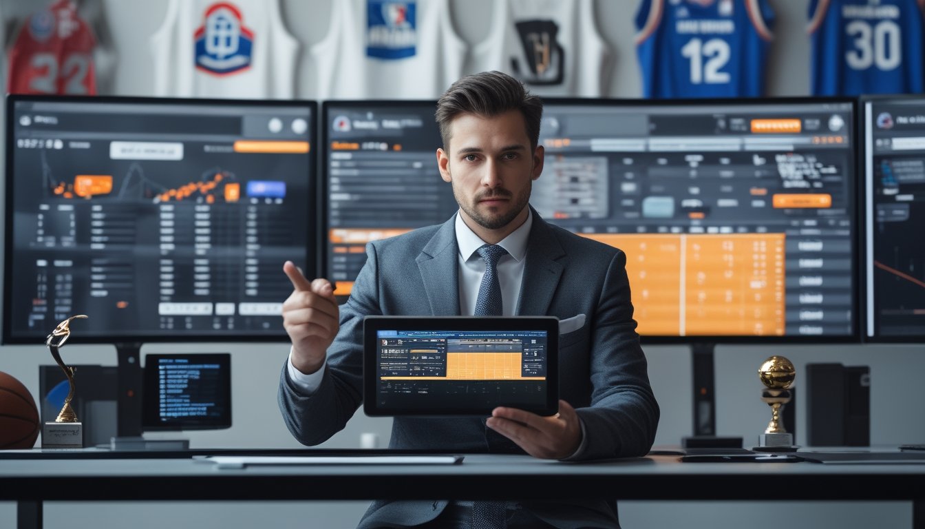 Seorang analis olahraga sedang bekerja di meja dengan beberapa monitor yang menampilkan grafik performa tim NBA dan laporan cedera pemain.