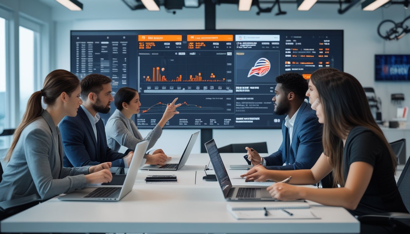 Sekelompok analis olahraga sedang berdiskusi di ruang kantor dengan layar besar menampilkan data performa tim NBA dan laporan cedera pemain.