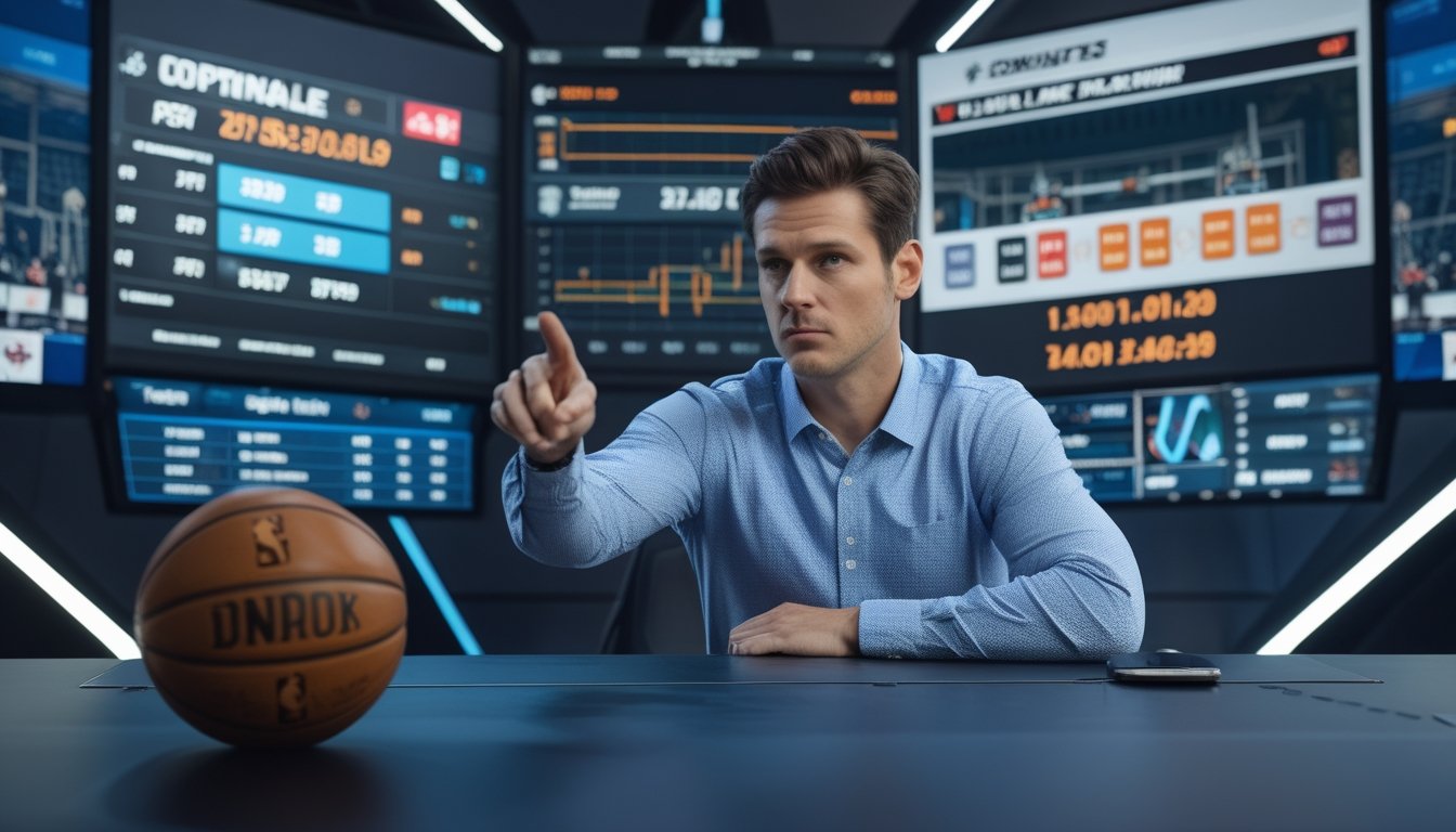 Seorang analis olahraga pria sedang menunjuk layar yang menampilkan statistik dan peluang taruhan pertandingan basket NBA di studio modern.