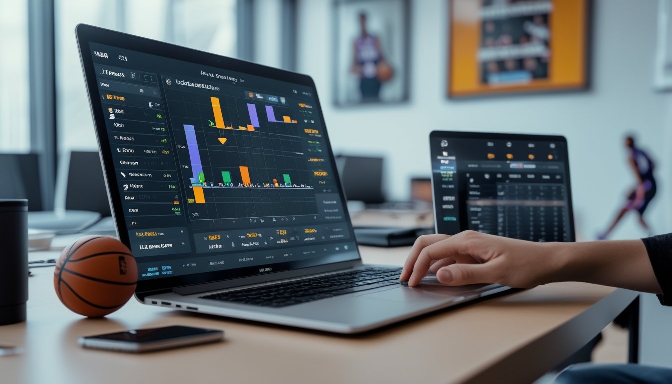 Seseorang sedang menggunakan laptop dengan data statistik dan grafik pertandingan NBA untuk analisis taruhan, di meja kerja dengan ponsel yang menampilkan pertandingan NBA langsung.