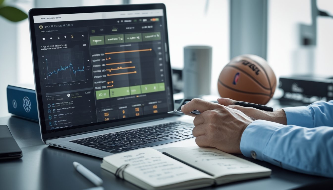 Seseorang sedang menganalisis data head-to-head NBA di laptop dengan bola basket dan catatan di meja kerja.
