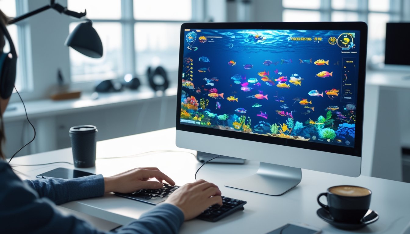 Seseorang sedang bermain permainan tembak ikan di komputer dengan layar menampilkan ikan-ikan berwarna-warni di bawah laut.