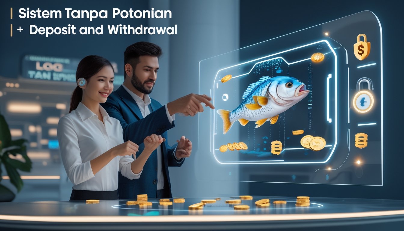 Dua orang dewasa sedang menggunakan antarmuka digital modern untuk bermain permainan tembak ikan dengan latar belakang simbol transaksi keuangan yang aman dan tanpa potongan.
