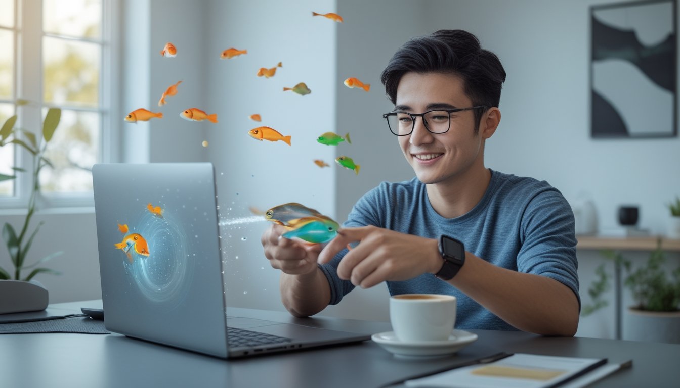 Seseorang sedang bermain game tembak ikan online di laptop di dalam ruangan yang terang dan rapi.