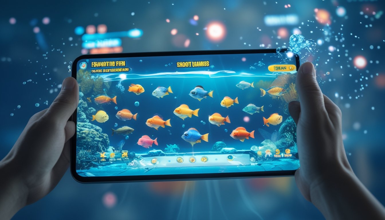 Seseorang bermain game tembak ikan online di layar tablet dengan latar belakang suasana bawah laut yang berwarna biru dan berbagai ikan animasi.