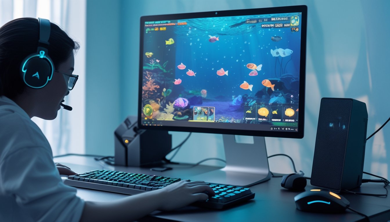 Sebuah meja dengan komputer yang menampilkan permainan tembak ikan online dengan layar penuh warna dan tangan seseorang sedang bermain menggunakan mouse dan keyboard.