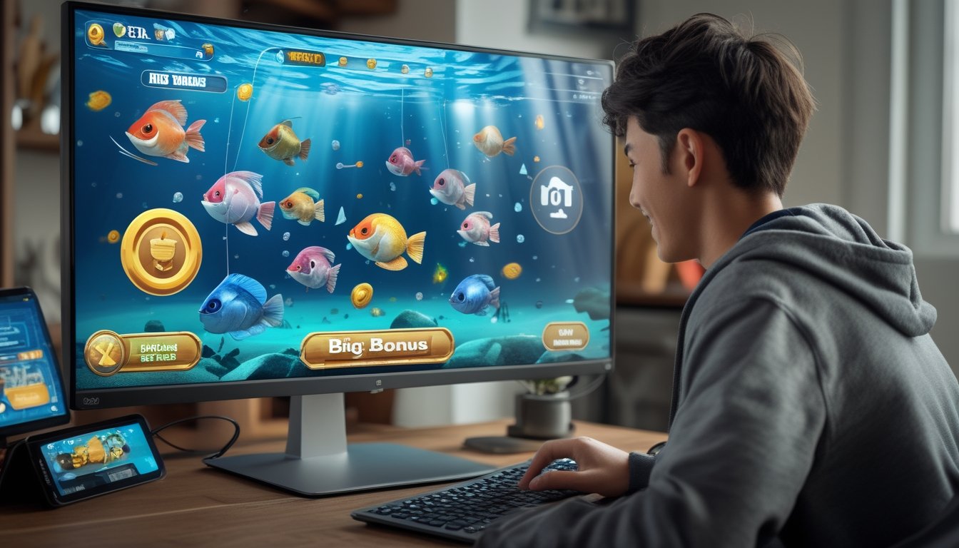 Seseorang sedang bermain permainan ikan di komputer dengan layar menampilkan ikan berwarna-warni dan ikon bonus, di dalam ruangan yang nyaman.
