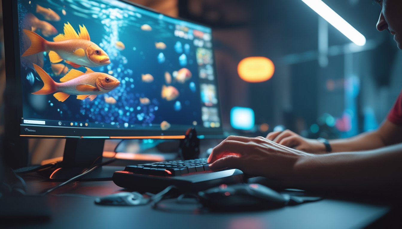 Seorang pemain sedang fokus bermain game tembak ikan di depan monitor dengan grafis ikan berwarna-warni.