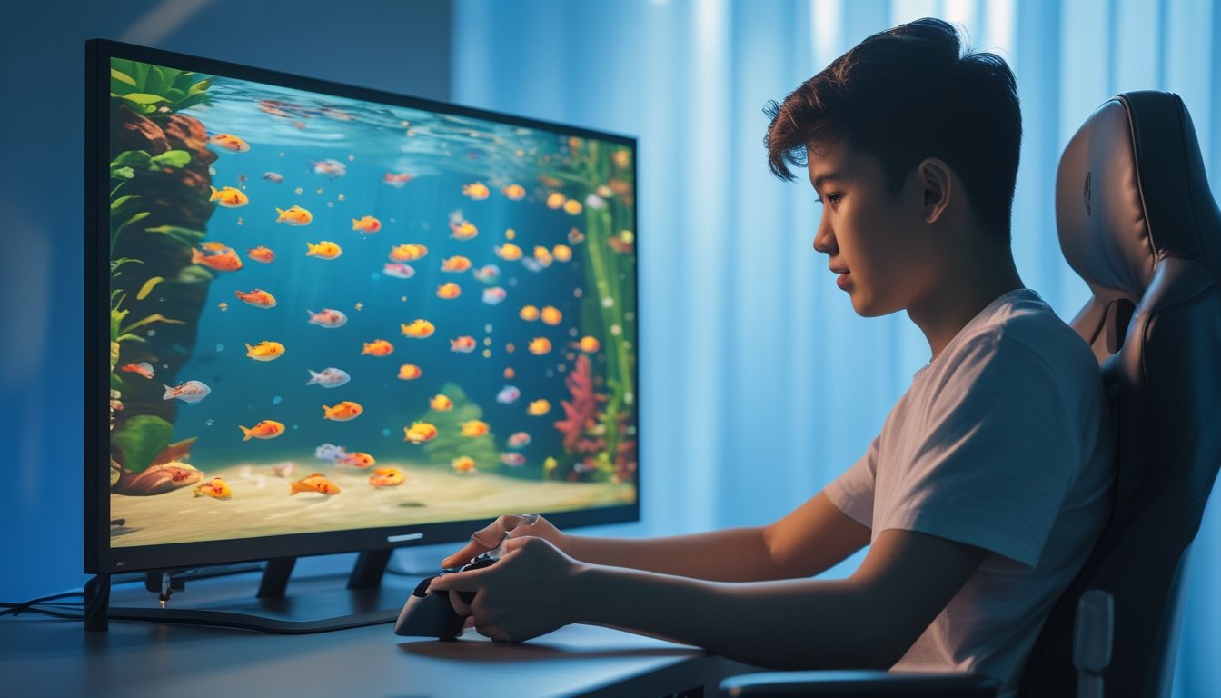 Seorang pemain muda fokus bermain permainan tembak ikan di depan layar komputer dengan gambar ikan berwarna-warni di latar belakang bawah laut.