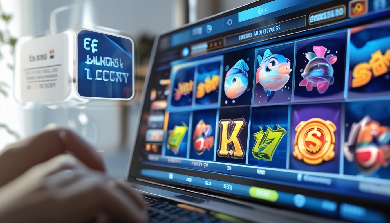 Layar perangkat digital menampilkan permainan slot dan tembak ikan dengan latar belakang elemen perbankan lokal.