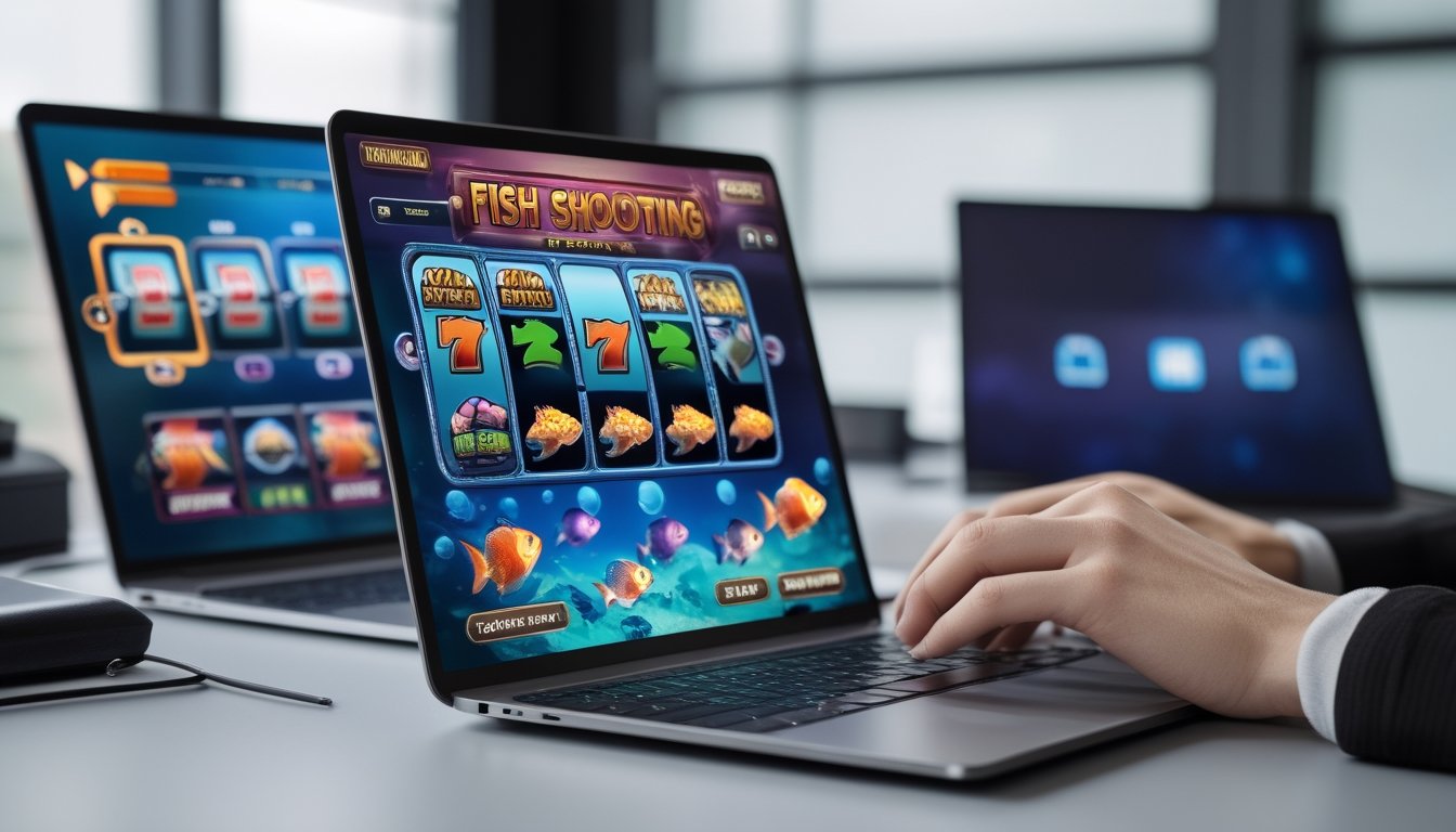 Seseorang menggunakan laptop yang menampilkan permainan slot dan tembak ikan dengan latar belakang simbol pembayaran bank digital.