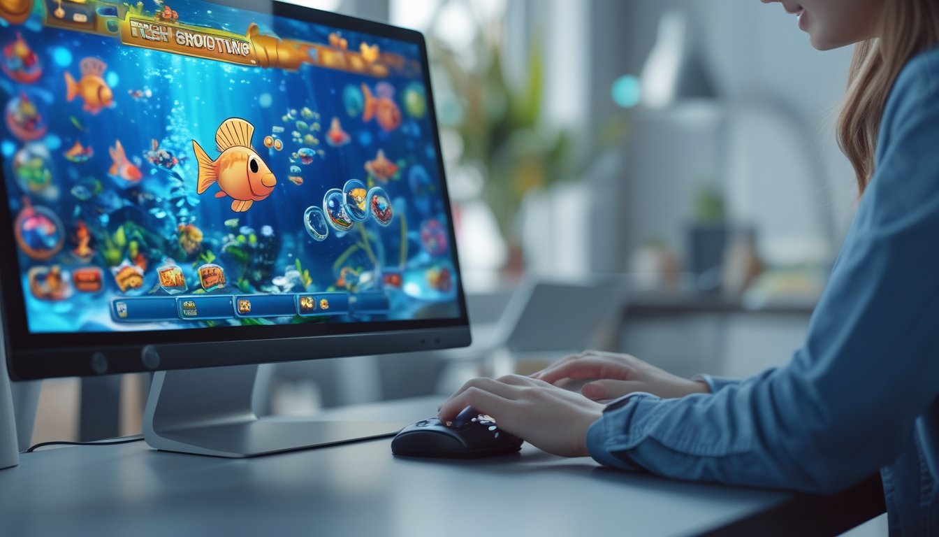 Seseorang sedang bermain game tembak ikan online di komputer dengan layar menampilkan grafik ikan berwarna-warni di bawah laut.