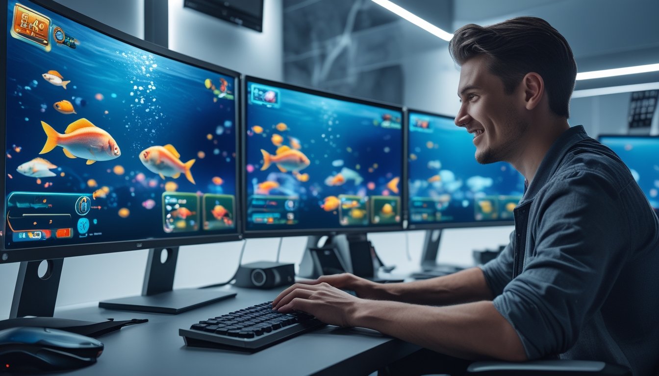 Seorang dewasa muda sedang bermain permainan tembak ikan online di komputer dengan layar menampilkan grafis ikan berwarna-warni di ruangan yang terang dan rapi.