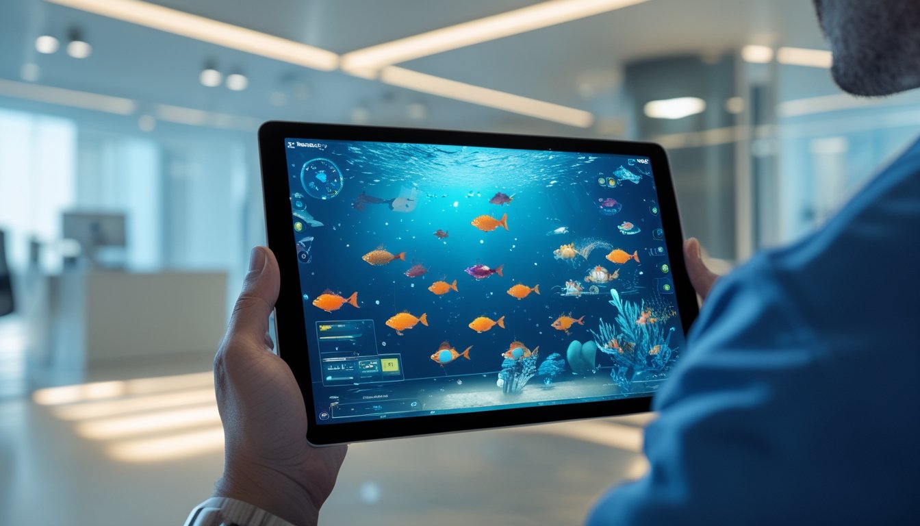 Seseorang memegang tablet yang menampilkan permainan memancing ikan digital dengan latar belakang kantor modern.