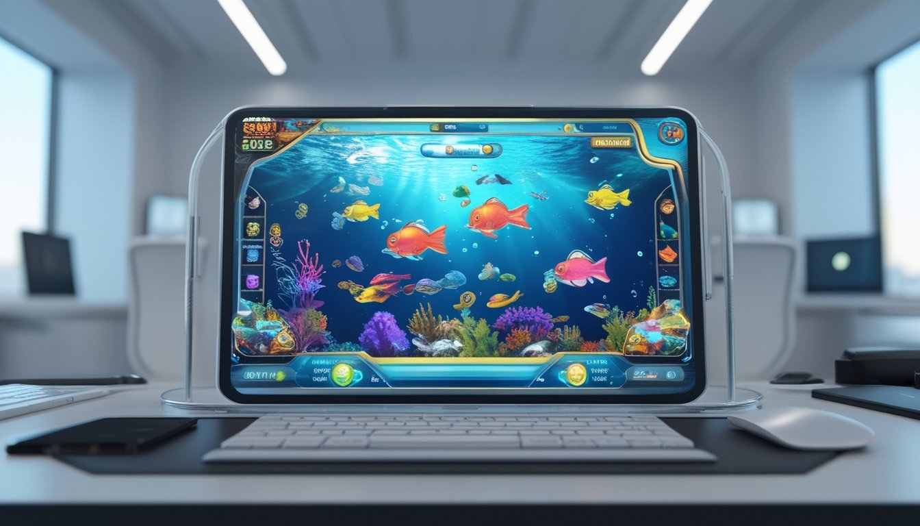Layar komputer menampilkan permainan tembak ikan dengan grafis bawah laut berwarna-warni di sebuah meja kerja modern.