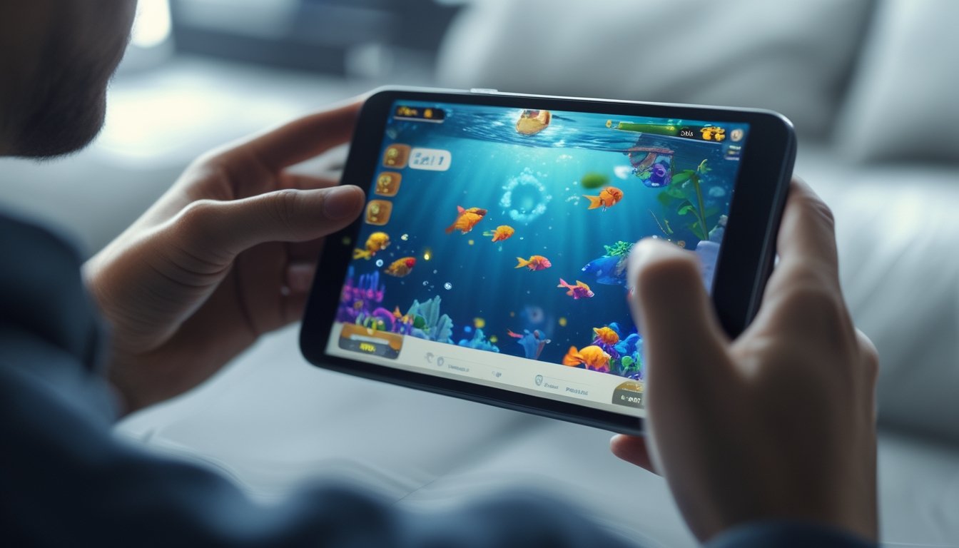 Seseorang sedang bermain game tembak ikan di perangkat digital dengan latar belakang ruangan yang nyaman.