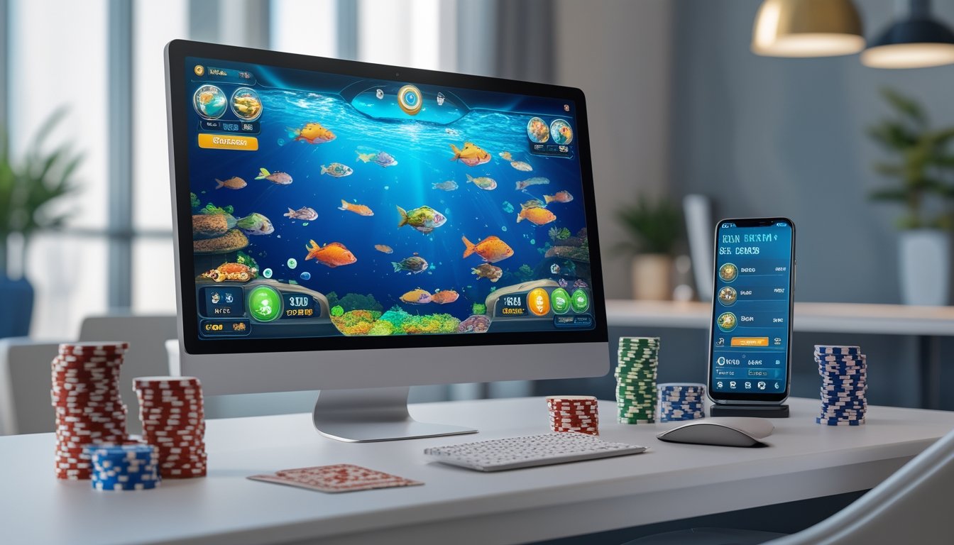 Sebuah monitor komputer menampilkan permainan tembak ikan dengan ikan berwarna-warni berenang di layar, dikelilingi oleh chip judi dan kartu remi di atas meja kerja yang rapi.