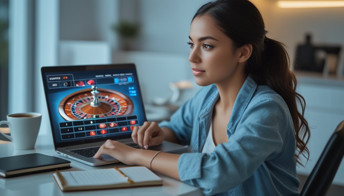 Seorang wanita muda sedang bermain roulette online menggunakan laptop di meja kerja di rumah.