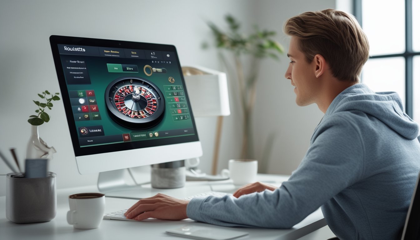 Seorang pemain muda serius bermain permainan roulette online di depan komputer di meja kerja yang rapi.