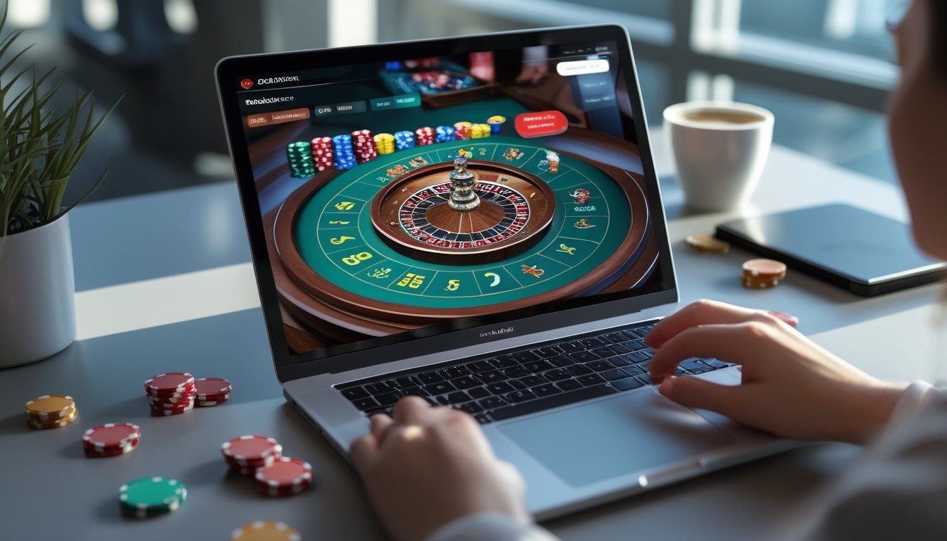 Layar laptop menampilkan permainan roulette online dengan roda roulette berputar dan chip taruhan berwarna-warni di atas meja kerja yang rapi.