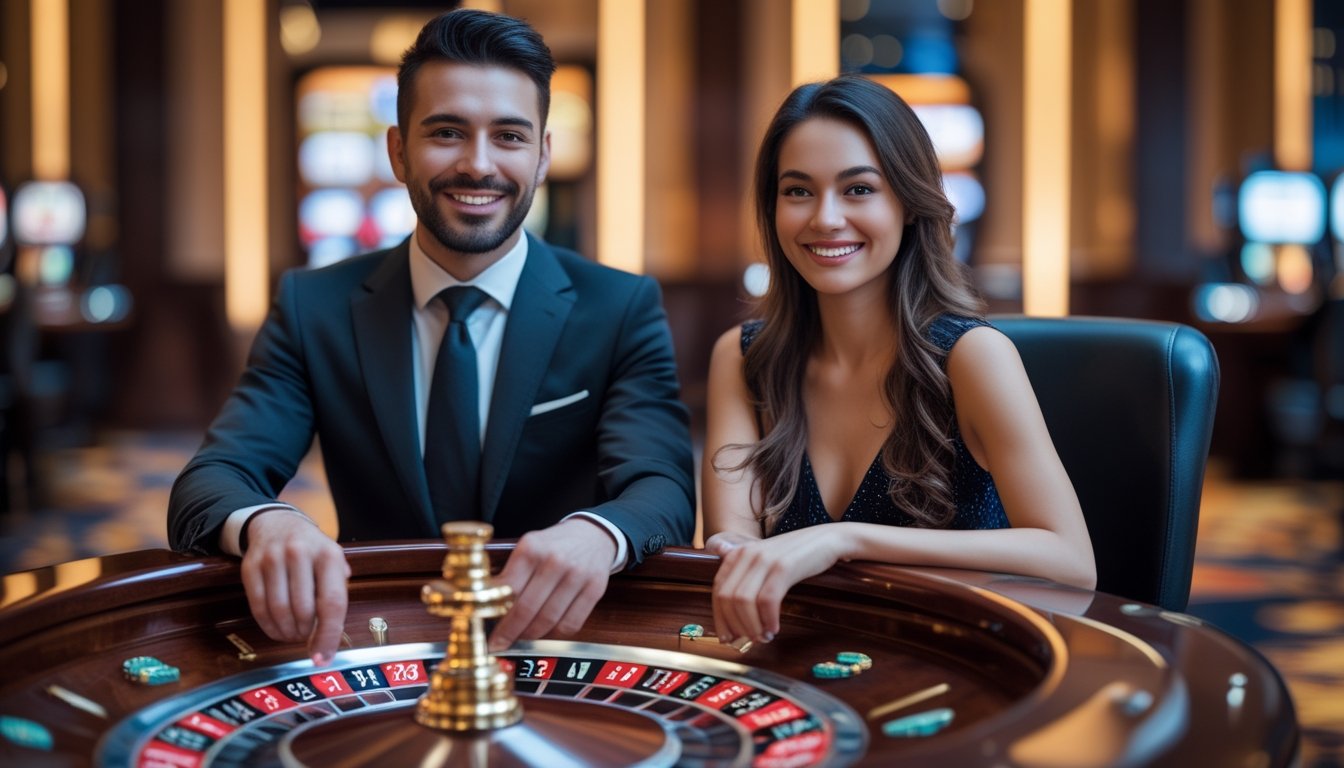 Seorang pria dan wanita duduk di meja roulette di kasino yang mewah, terlihat fokus dan bersemangat saat roda roulette berputar.