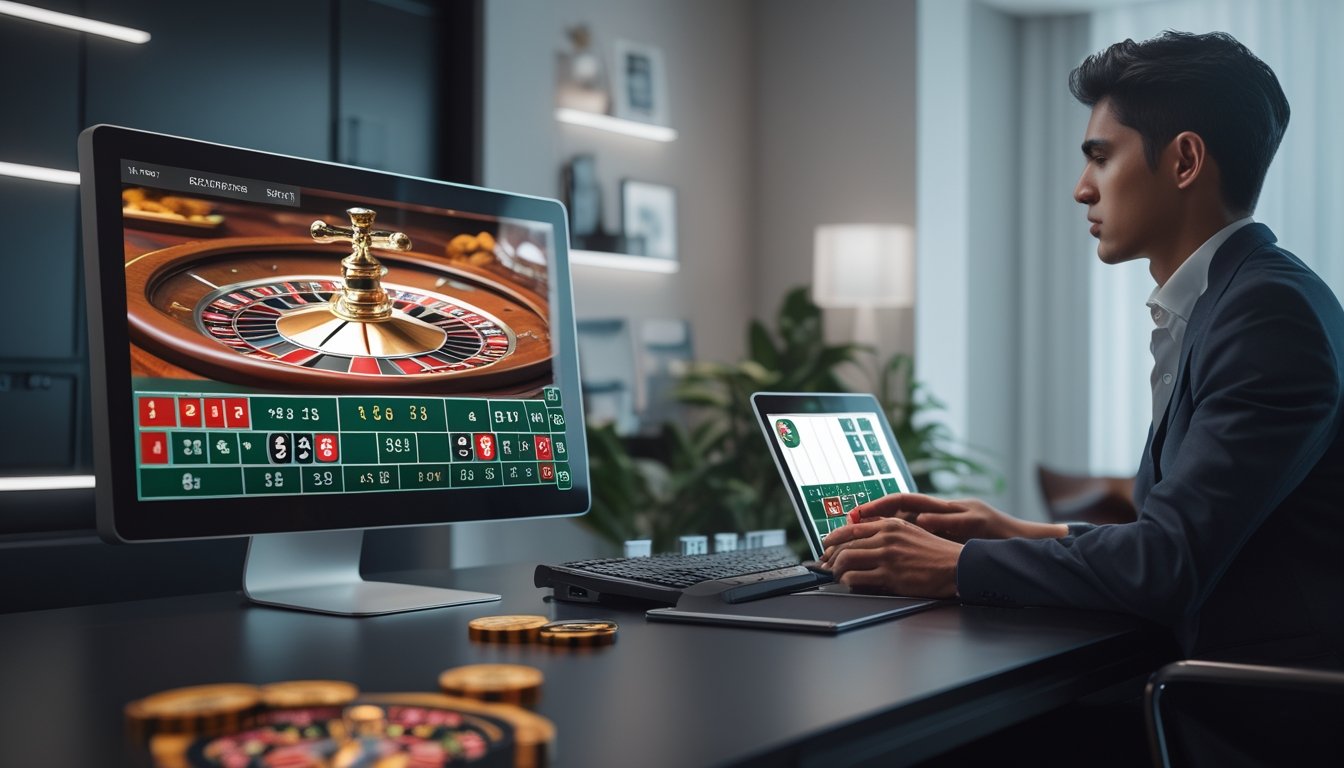 Seorang pria fokus menggunakan komputer dengan tampilan roulette online di layar, di sebuah ruangan yang rapi dan terang.