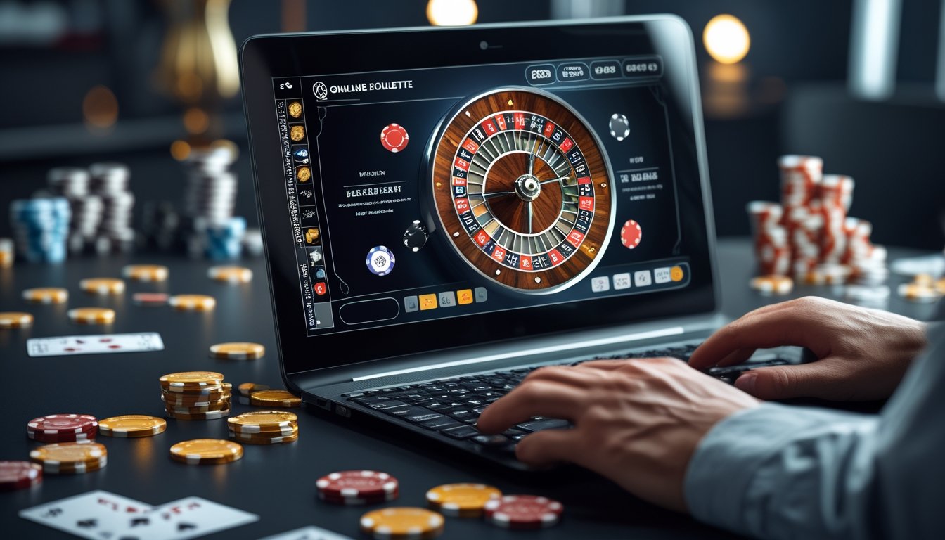 Seorang pemain menggunakan laptop untuk bermain roulette online dengan chip taruhan di sekitar keyboard dalam ruangan dengan dekorasi kasino.