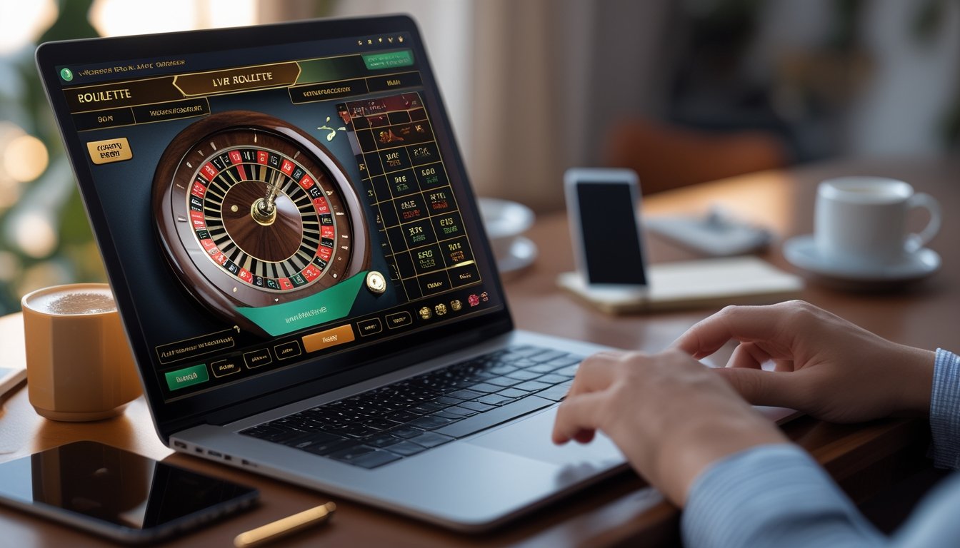 Seseorang bermain roulette langsung online di depan laptop dengan suasana nyaman di rumah.