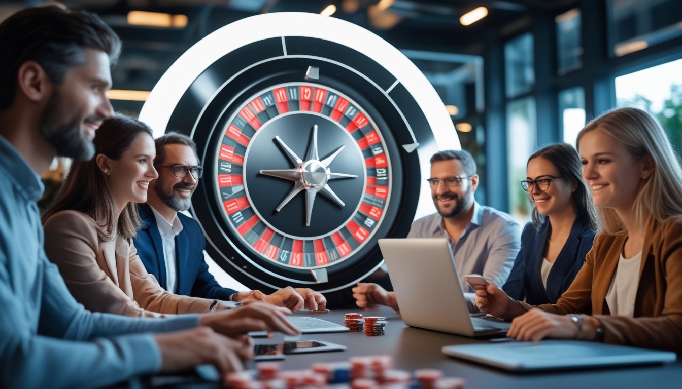 Beberapa orang fokus bermain roulette online menggunakan laptop dan ponsel di ruangan yang terang dan modern.