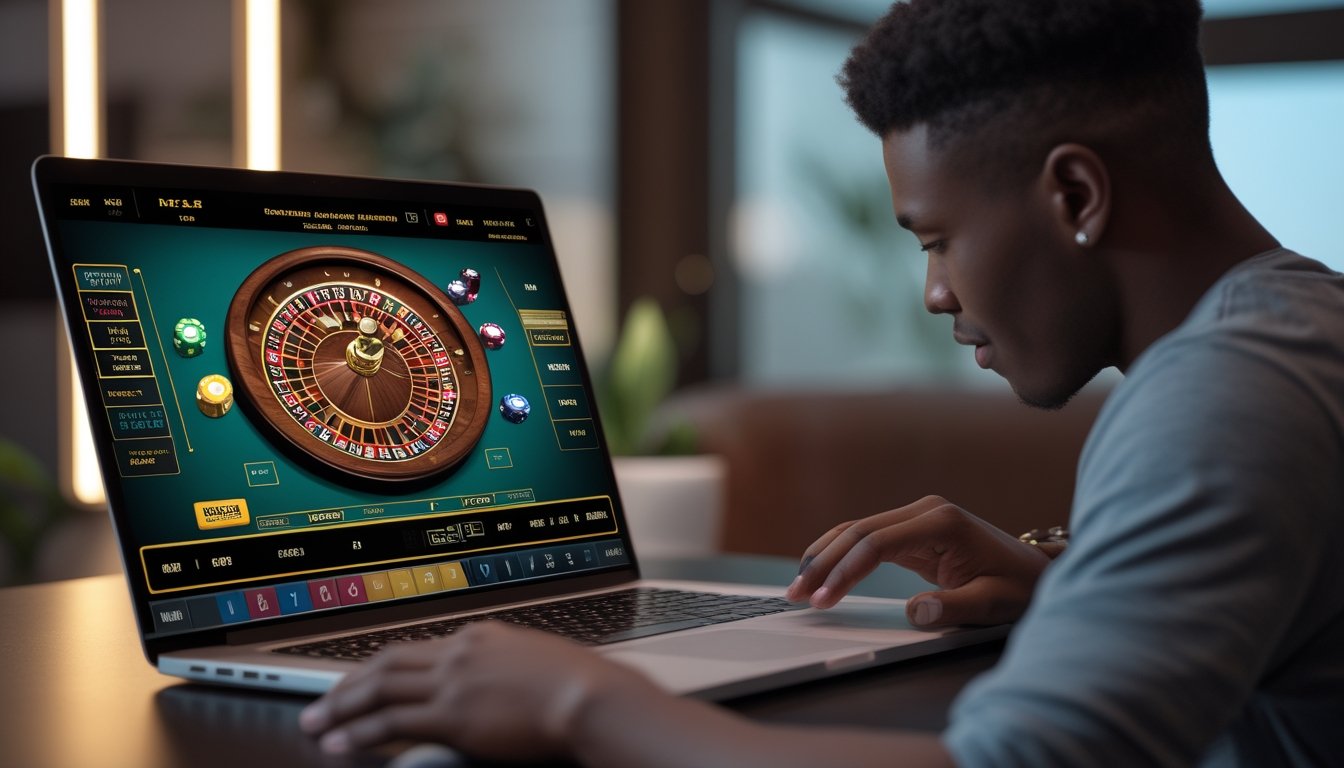 Seorang pemain muda sedang fokus bermain roulette online dengan laptop di lingkungan rumah yang nyaman.