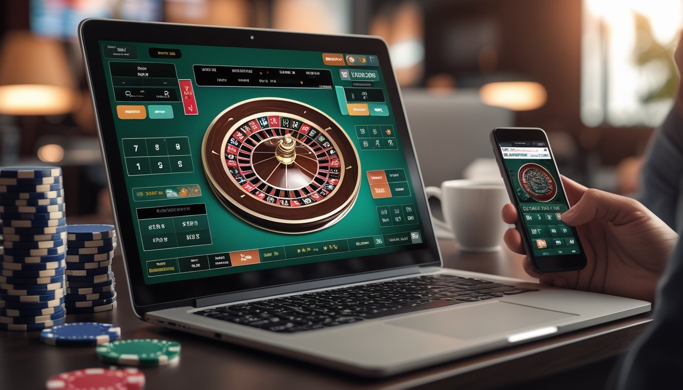 Seorang pemain sedang bermain roulette online dengan komputer dan chip poker di meja.