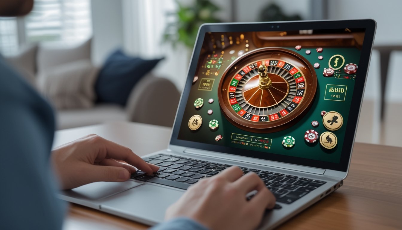 Seseorang menggunakan laptop dengan tampilan roda roulette online dan chip digital di lingkungan rumah yang rapi dan terang.
