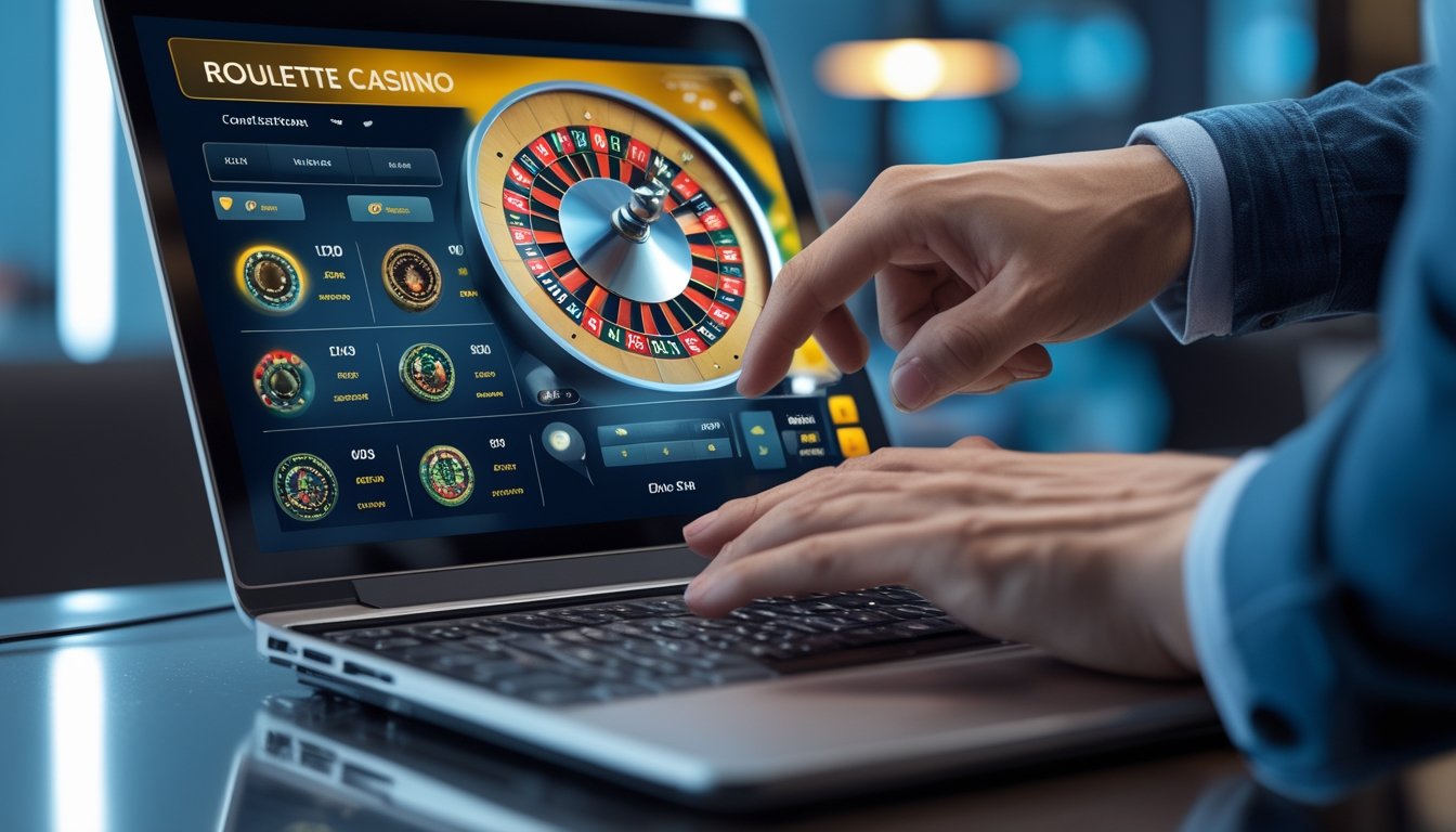 Seseorang menggunakan komputer dengan tampilan roda roulette online yang jelas dan aman.