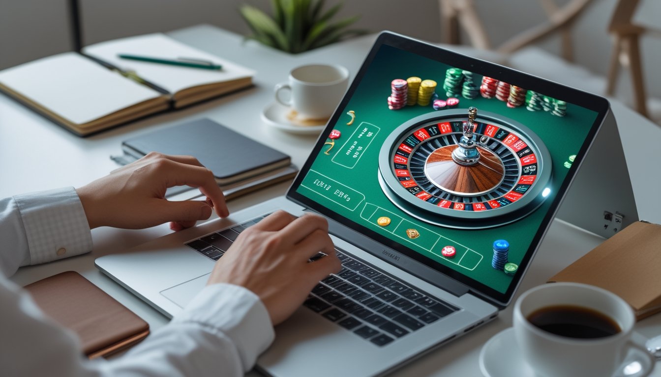 Seseorang bermain roulette online dengan layar komputer menampilkan roda roulette dan chip taruhan di meja virtual.