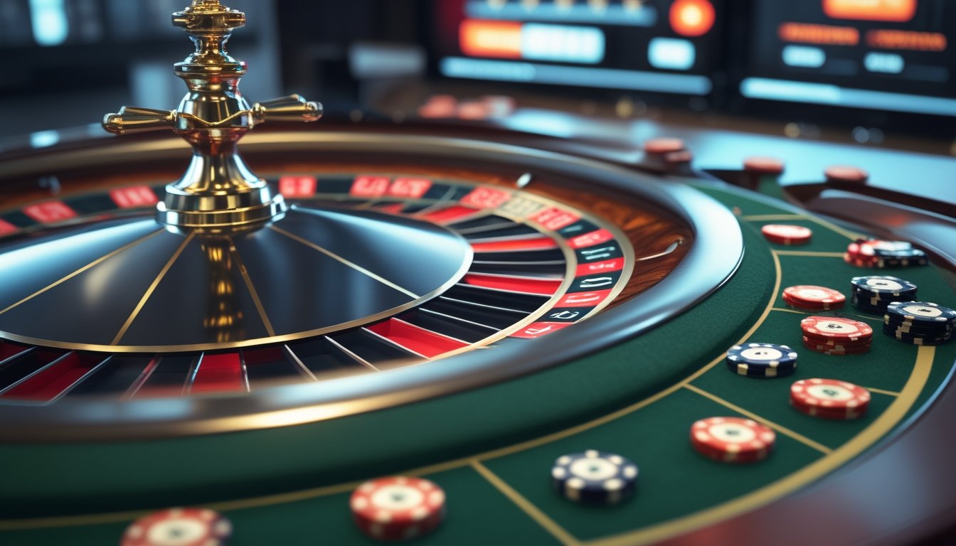 Meja roulette dengan roda berputar dan chip taruhan di kasino online.