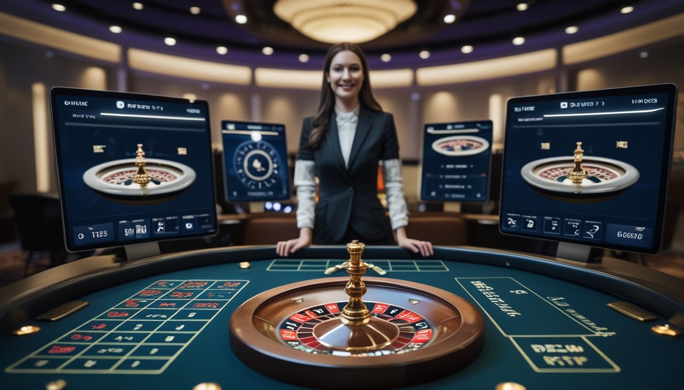 Seorang dealer profesional berdiri di belakang meja roulette dengan roda roulette yang berputar, menampilkan suasana permainan kasino online dengan tampilan antarmuka taruhan digital.
