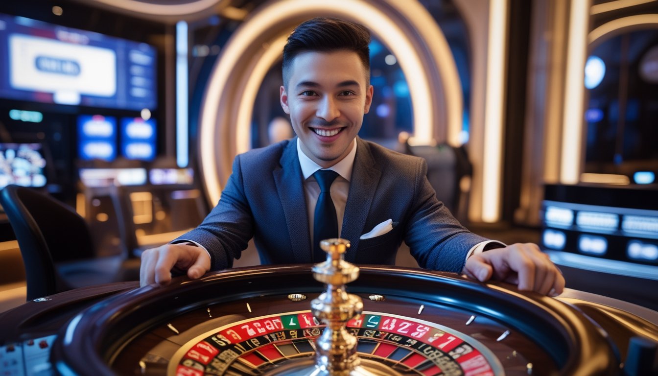 Seorang dealer live tersenyum di depan meja roulette dengan roda roulette dan chip berwarna-warni dalam studio kasino modern.