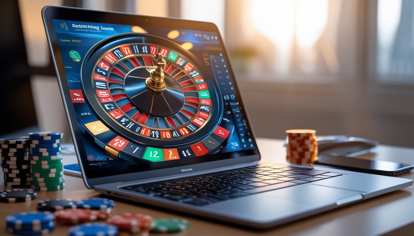 Sebuah layar komputer menampilkan permainan roulette online dengan chip taruhan dan suasana ruang kerja yang rapi.