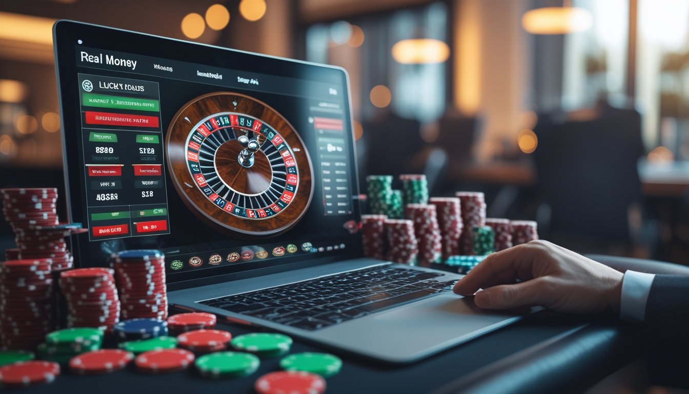 Sebuah layar komputer menampilkan roda roulette online dengan tumpukan chip taruhan di meja permainan.