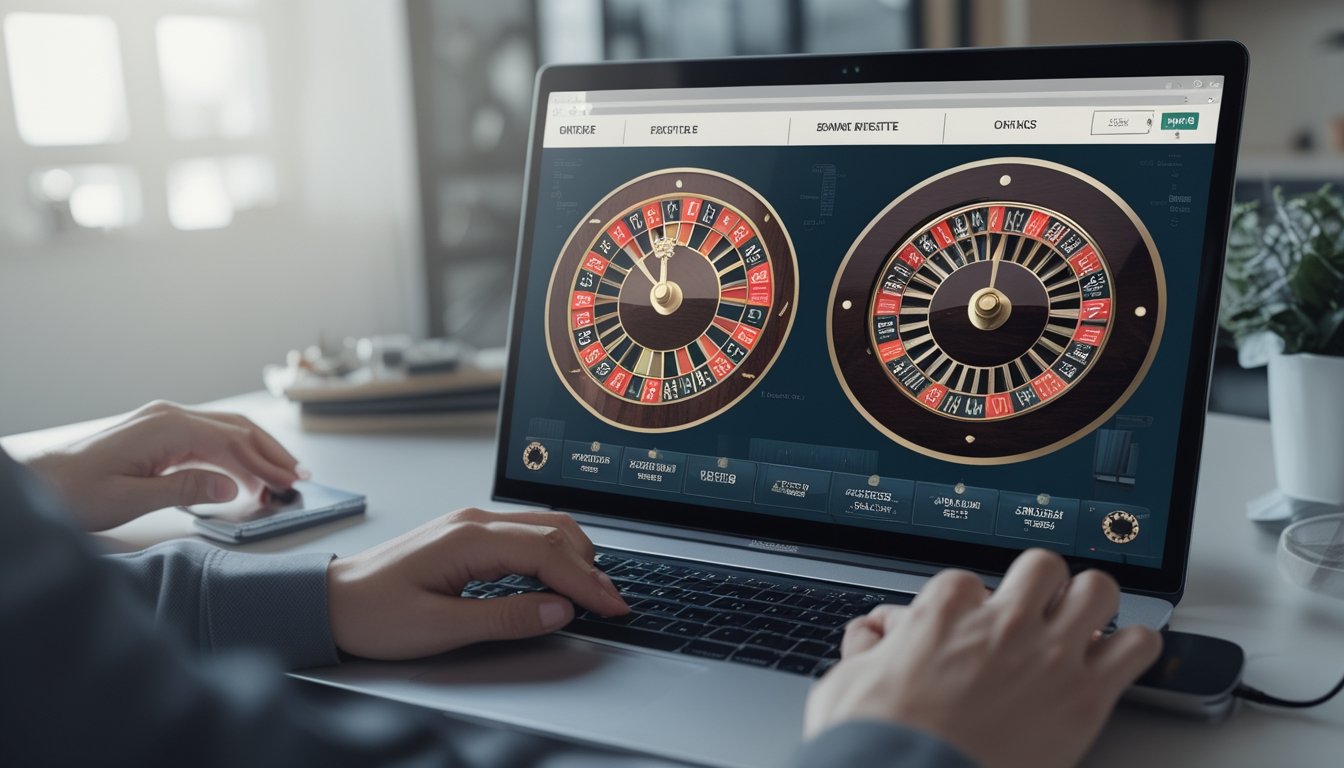 Seseorang menggunakan komputer untuk bermain roulette Eropa dan Amerika secara online dengan tampilan dua roda roulette di layar.