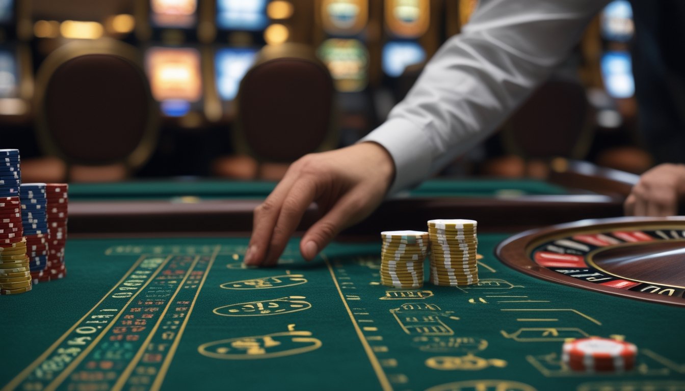 Meja roulette dengan dua roda roulette, satu European dan satu American, dengan chip taruhan dan tangan pemain yang sedang memasang taruhan.