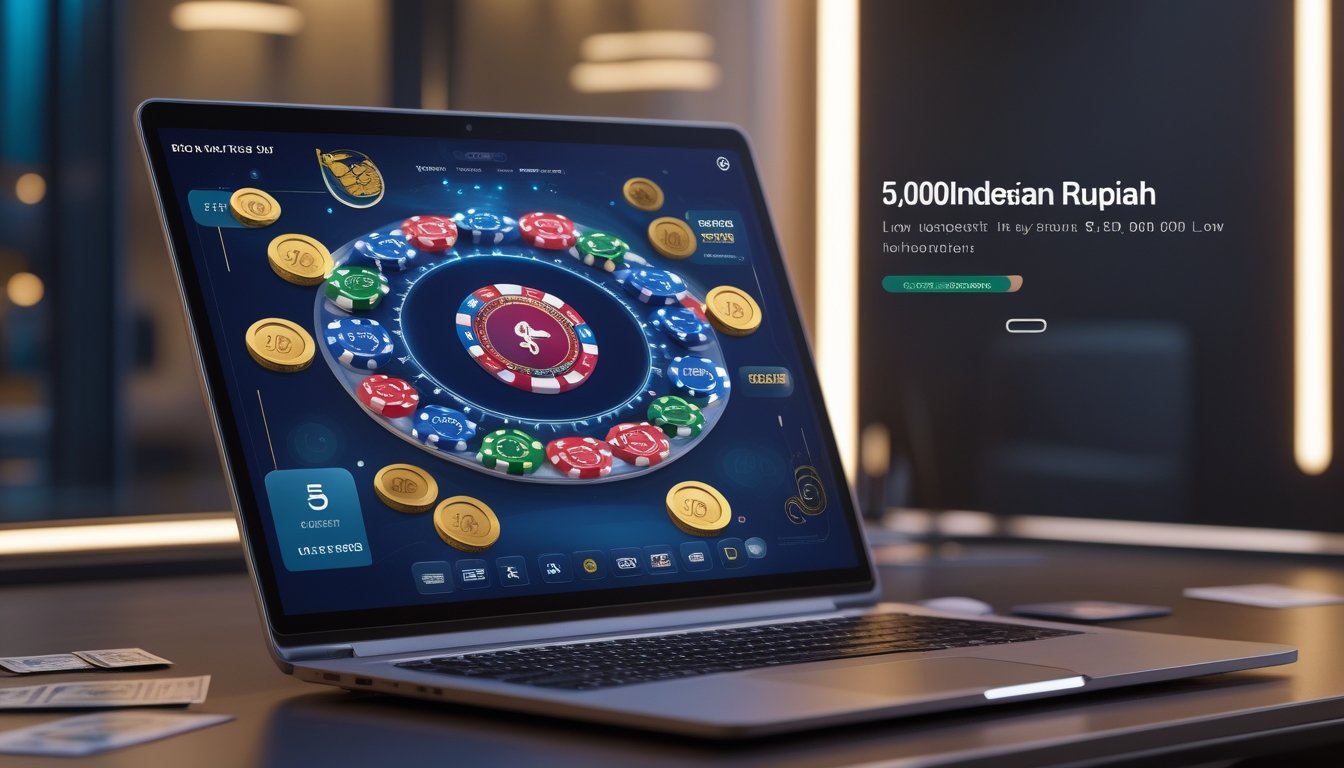 Seorang pemain menggunakan komputer dengan tampilan permainan poker online, dikelilingi chip poker dan simbol transaksi digital.