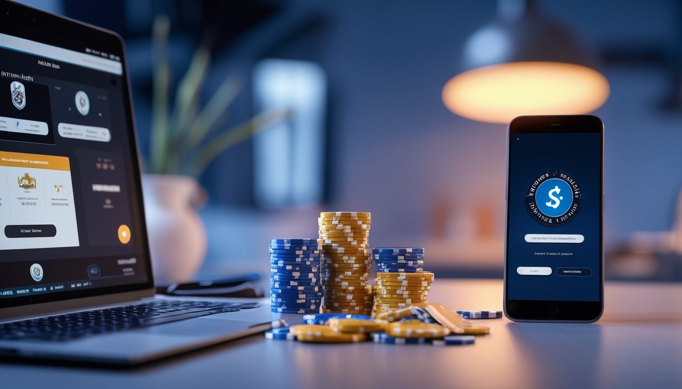 Seorang pemain poker online menggunakan laptop dan smartphone dengan tumpukan chip poker di meja.