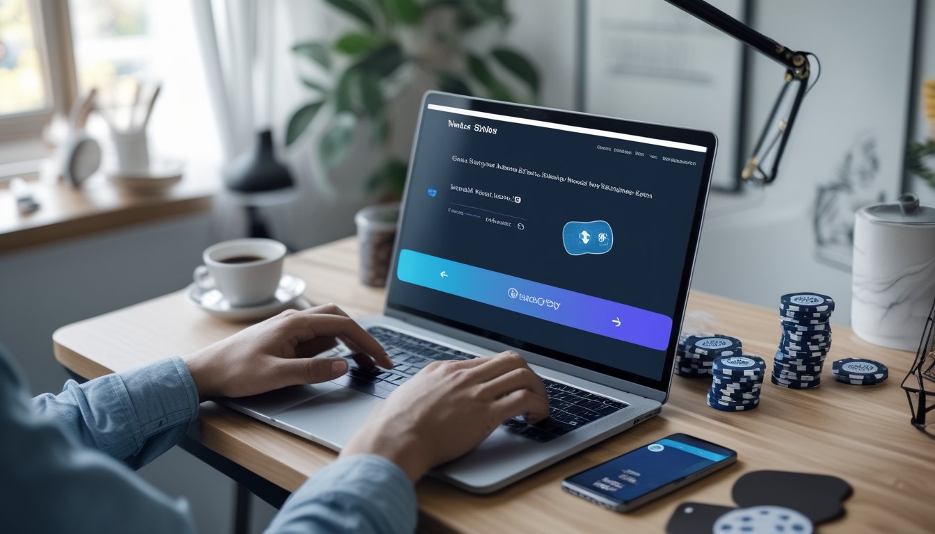 Seseorang sedang menggunakan laptop di meja kerja untuk melakukan deposit poker online dengan suasana santai dan pencahayaan alami.