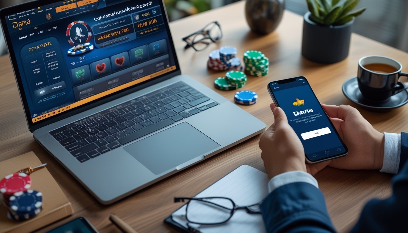 Seorang pemain poker online menggunakan laptop dan ponsel untuk melakukan deposit cepat lewat Dana di meja kayu dengan tumpukan chip poker dan kartu bermain.